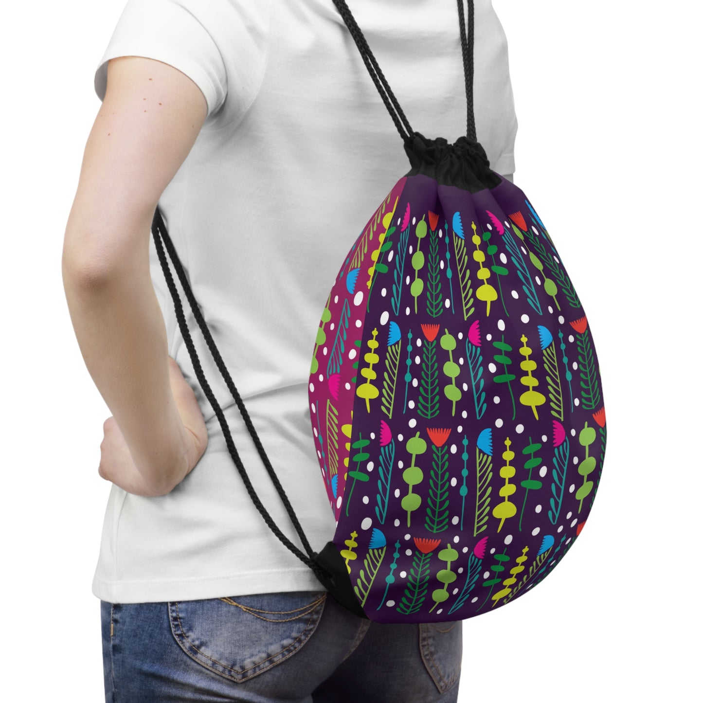 Black Groovy Garden Drawstring Bag