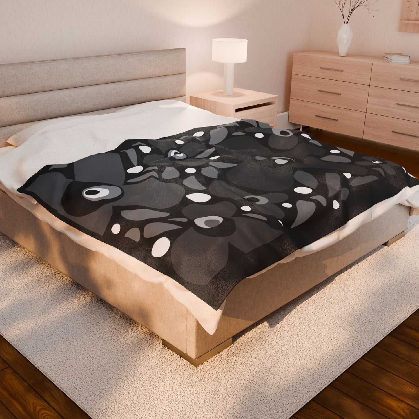 Grey Mod Flower Velveteen Plush Blanket