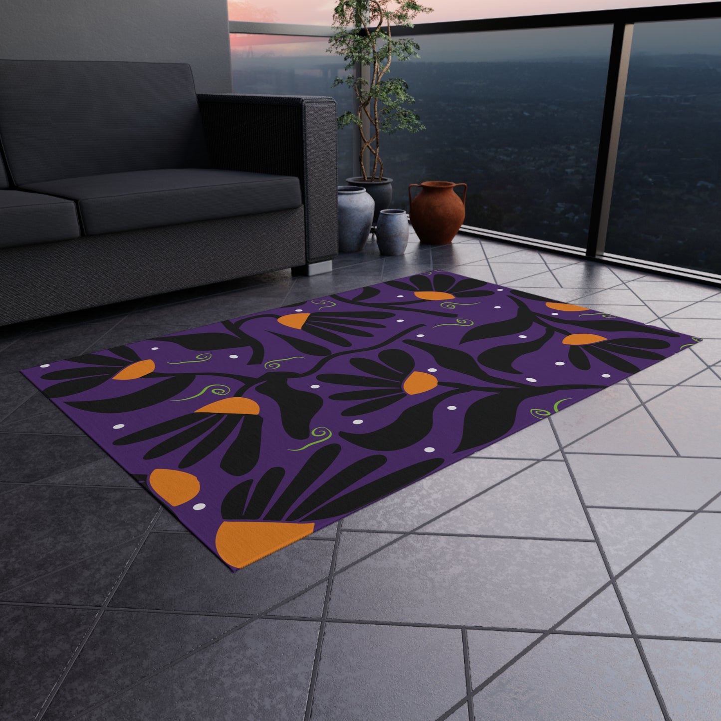 Orange Mod Flower Outdoor Rug