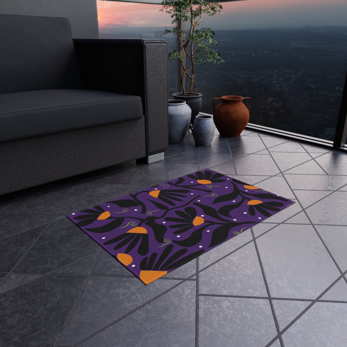 Orange Mod Flower Outdoor Rug
